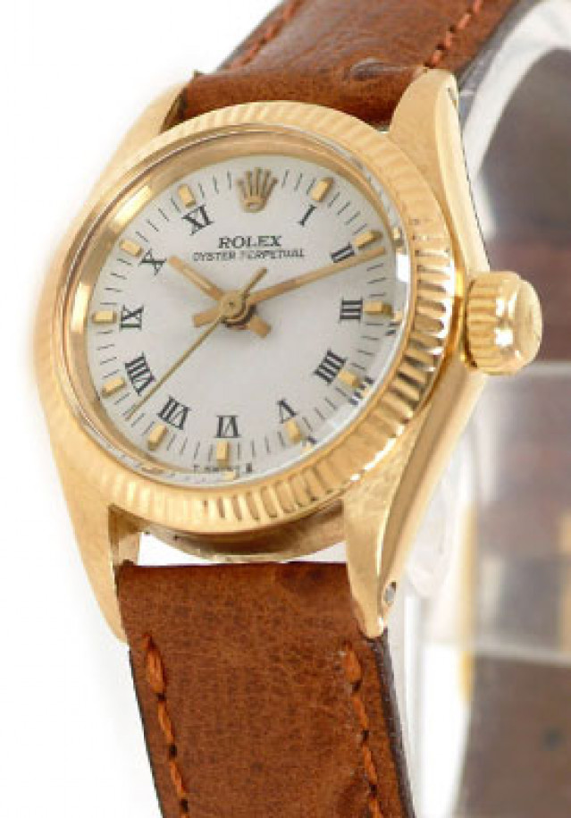 Rolex 6719 Yellow Gold on Strap, Fluted Bezel White with Black Roman & Gold Index